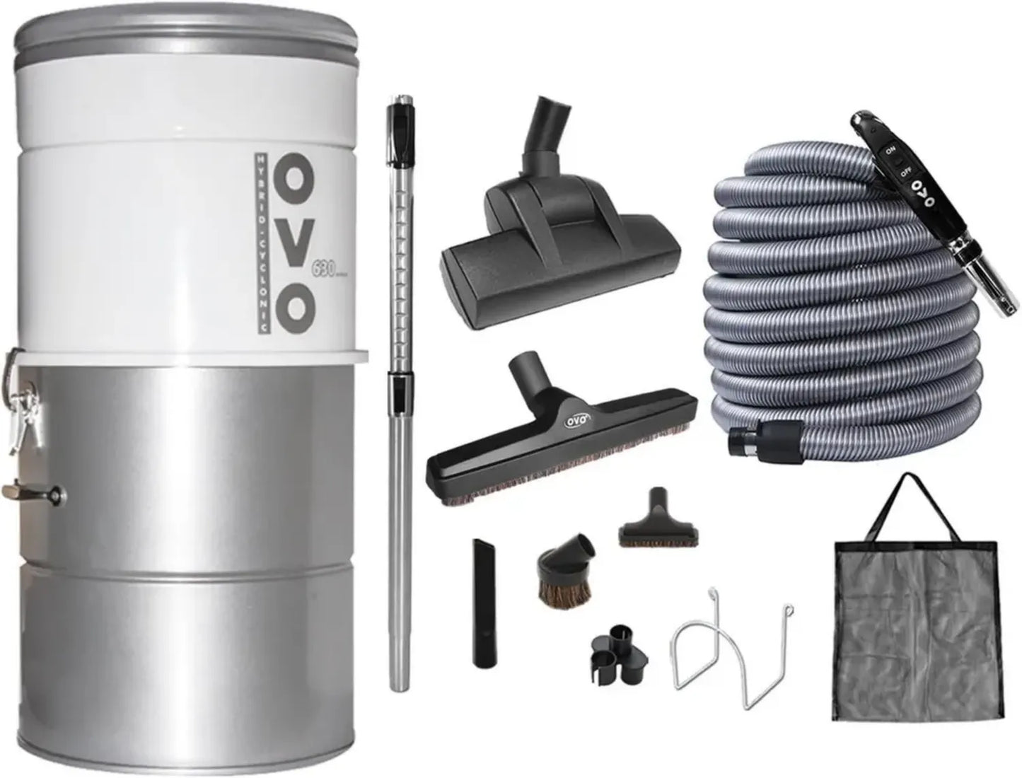 Système d'aspiration centralisé OVO, filtration hybride, 25 litres, 630 AW avec kit d'accessoires de 9 m
