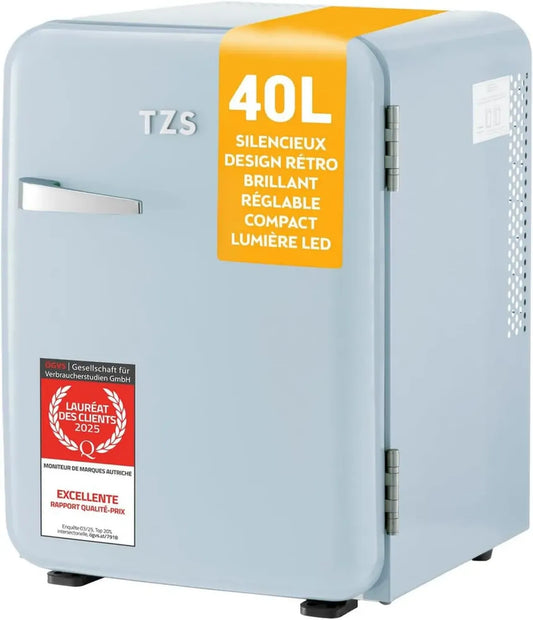 Mini Réfrigérateur Vintage 40L Silencieux avec Éclairage Intérieur - Minibar Compact pour Bureau, Chambre et Hôtel - Bleu