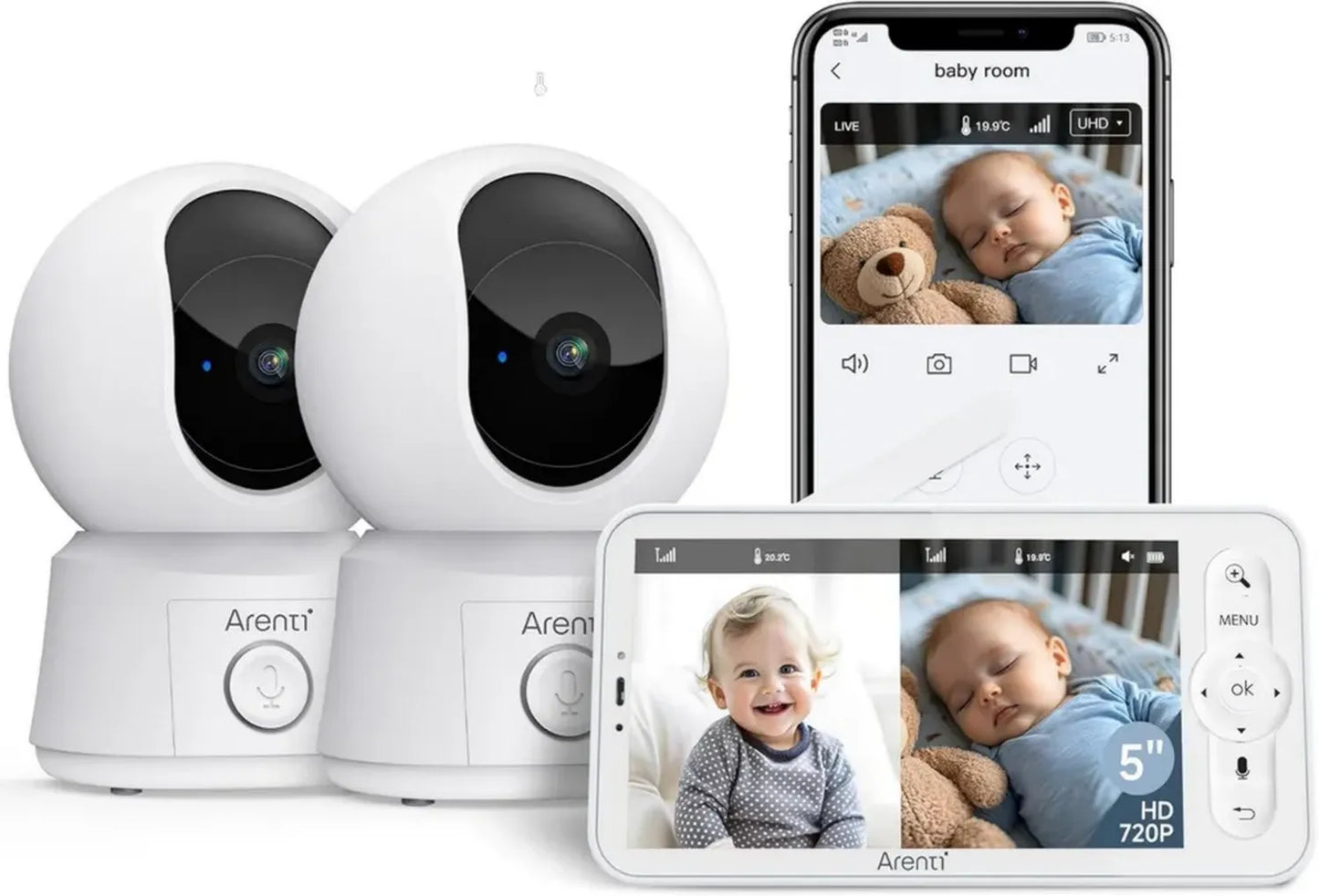 Caméra Bébé ARENTI avec Moniteur Vidéo, Connectée Smartphone, 1080P, VOX, Détection Température, Alertes Intelligentes, Vision Nocturne, Suivi Automatique